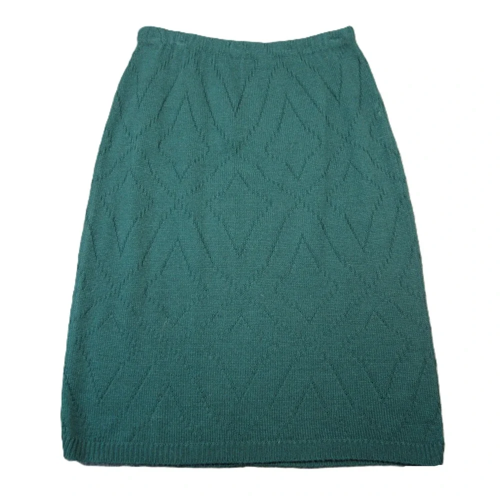 Vtg Sweater Skirt M Green Pointelle Knit Elastic Waist USA 70s Christmas Holiday